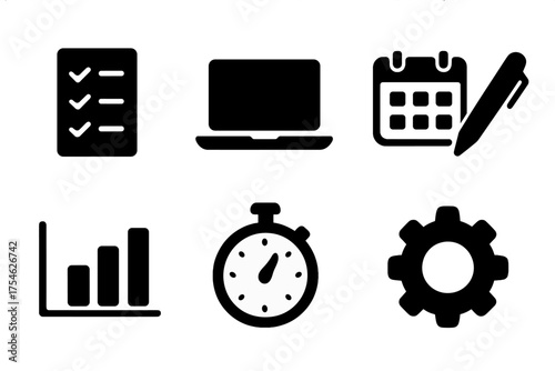 Productivity Icon Set. Productivity Tools. Filled icon set of Productivity Tools: checklist, laptop, calendar,