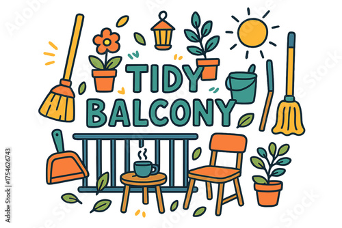 Tidy Balcony Illustration. Tidy Balcony. Hand-drawn doodle illustration of Tidy Balcony. broom, dustpan, mop,