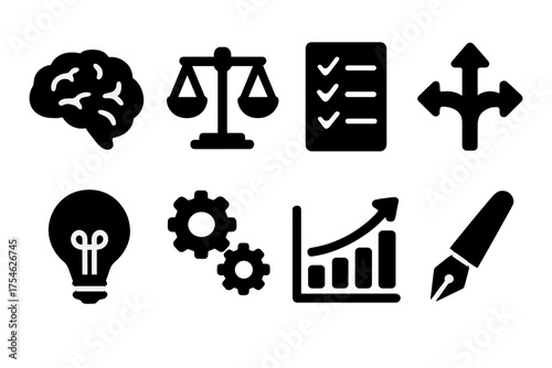 Decision-Making Icons. Decision Making. Filled icon set of Decision Making: brain, scales, checklist, arrows,