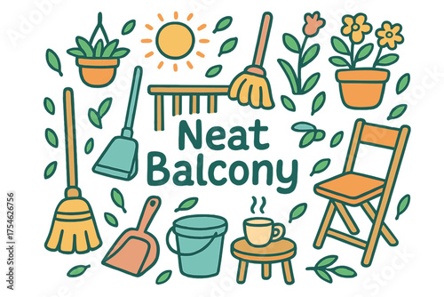 Neat Balcony Illustration. Neat Balcony. Hand-drawn doodle illustration of Neat Balcony. broom, dustpan, mop,