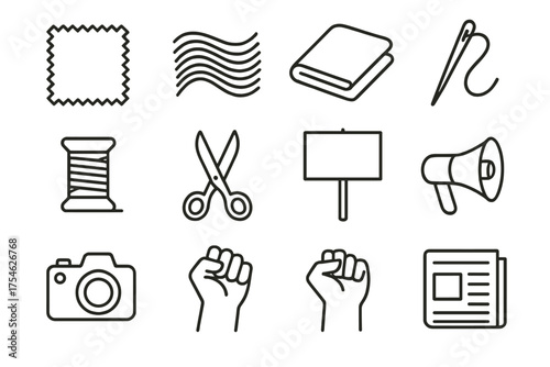 Icons of Activism. Moiré Fabric and Documenting Social Justice Movements and Activism. Line outline icon set