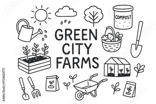Green City Farms Doodle. Green city farms. Hand-drawn doodle illustration of Green city farms. Raised garden