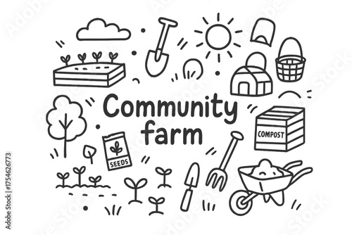 Community Farm Doodle. Community farm. Hand-drawn doodle illustration of Community farm. Raised bed, plant,