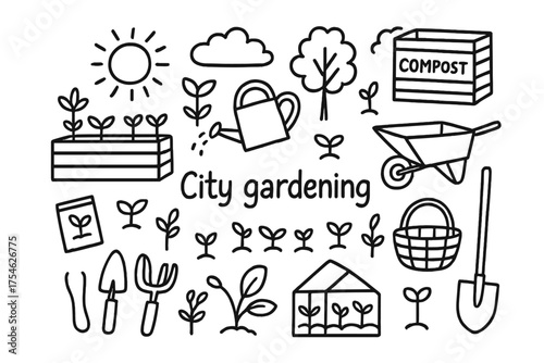 City Garden Doodle. City gardening. Hand-drawn doodle illustration of City gardening. Raised garden bed, plant