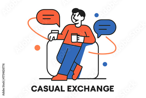 Casual Exchange Art. Small talk. Character leaning against glowing abstract wall with floating orbiting chat