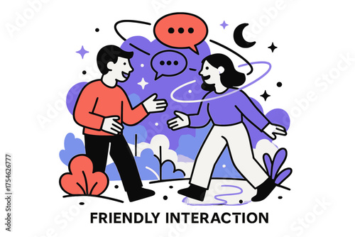 Glowing Park Conversations. Small talk. Abstract glowing park scene with floating orbiting conversation