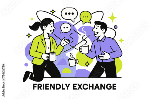 Glowing Office Breakroom. Small talk. Abstract glowing office breakroom scene with floating orbiting