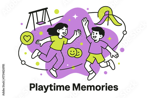 Playtime Memories. Documenting childhood friendships. Abstract glowing playground scene with orbiting floating