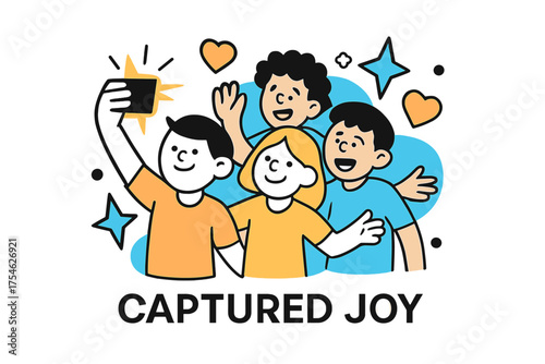 Captured Joy. Documenting childhood friendships. Character taking glowing photo with friends, orbiting