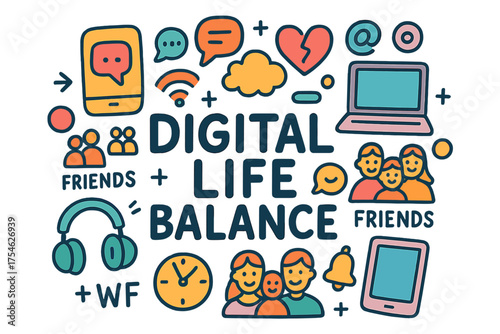Digital Harmony Doodle. Digital Life Balance. Hand-drawn doodle illustration of Digital Life Balance.