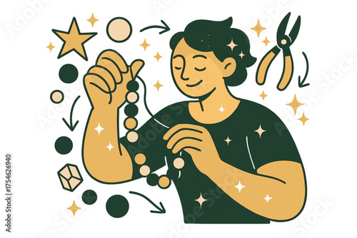 Creative Jewelry Crafting. Handmade jewelry designs and techniques. A glowing character crafting a necklace