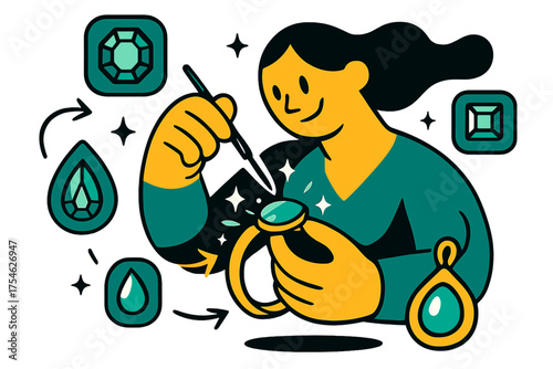 Gemstone Setting Artistry. Stone setting. A glowing character placing gemstones in rings or pendants with