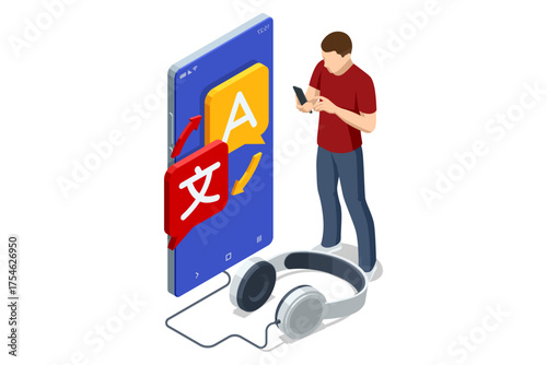 Isometric illustration of people using AI mobile translator app for communication in different languages. Online translation, global connection, technology and language learning concept.