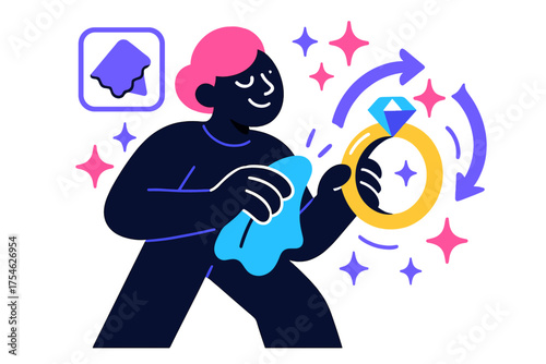 Jewelry Polishing Elegance. Polishing and finishing. A glowing character buffing jewelry pieces with floating