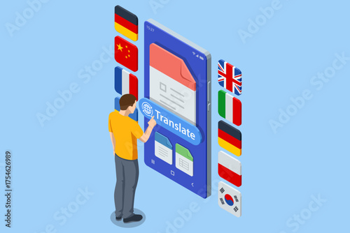 Isometric illustration of people using AI mobile translator app for communication in different languages. Online translation, global connection, technology and language learning concept.