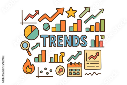Colorful Trends Doodle. Trends. Hand-drawn doodle illustration of Trends. Line graph, upward arrow, pie chart,