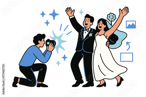 Joyful Wedding Moment. Wedding photography. Photographer crouching with glowing camera flash, couple posing