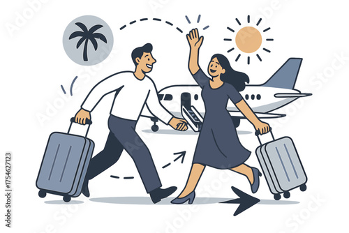 Joyful Honeymoon Adventure. Honeymoon getaway. Couple with suitcases boarding airplane, glowing sun and palm