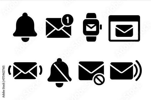 Email Notification Icons. Email notifications. Filled icon set of Email notifications: bell, badge counter,