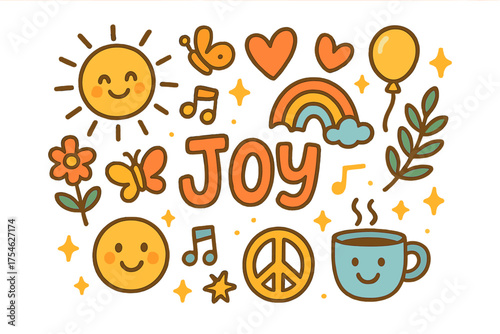 Joyful Doodle Illustration. Joy. Hand-drawn doodle illustration of Joy. Smiling sun, flower, heart, rainbow,