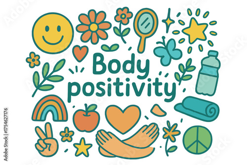Body Positivity Doodle Art. Body positivity. Hand-drawn doodle illustration of Body positivity. Smiling face,