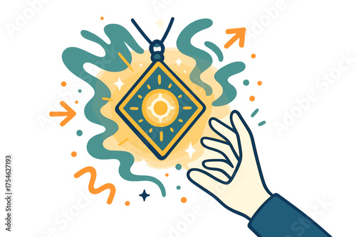 Glowing Amulet Magic. Magic talismans. A glowing amulet floating in midair, radiating sparkles and abstract