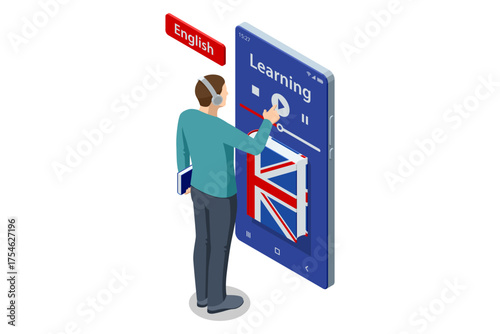 Isometric illustration of man learning English with AI mobile app. Online education, e-Learning, smart translation and language study concept.
