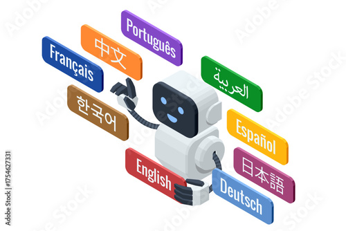 Isometric AI robot showing multilingual buttons in various languages. Concept of digital translation, education and artificial intelligence assistant.