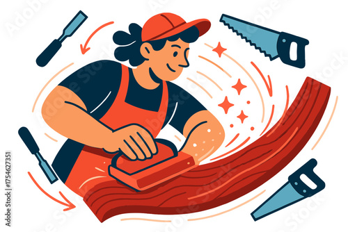 Dynamic Woodworking Scene. Wood shaping. A character sanding curved wooden planks, glowing dust and lines