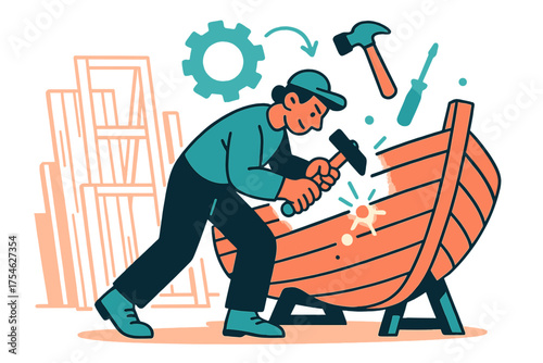 Dynamic Boat Workshop. Workshop scene. Wooden frames and planks leaning against walls, character hammering