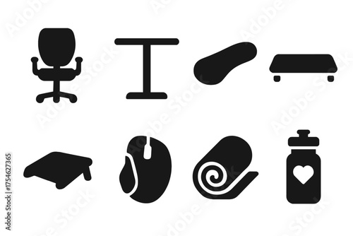 Ergonomic Office Icons. Office ergonomics. Filled icon set of Office ergonomics: office chair, standing desk,