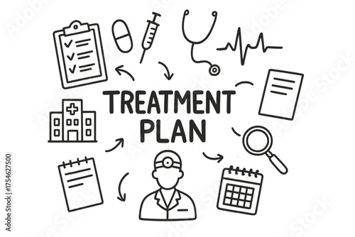 Doodle Treatment Plan. Treatment Plan. Hand-drawn doodle illustration of Treatment Plan. clipboard, checklist,