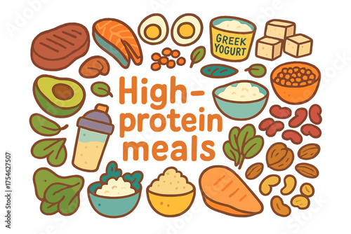 High-Protein Meal Doodles. High-protein meals. Hand-drawn doodle illustration of High-protein meals. Steak,