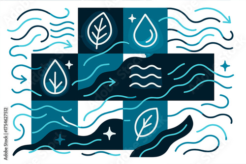 Geometric Nature Patterns. Natural patterns. Repeating glowing shapes of leaves, raindrops, and waves arranged