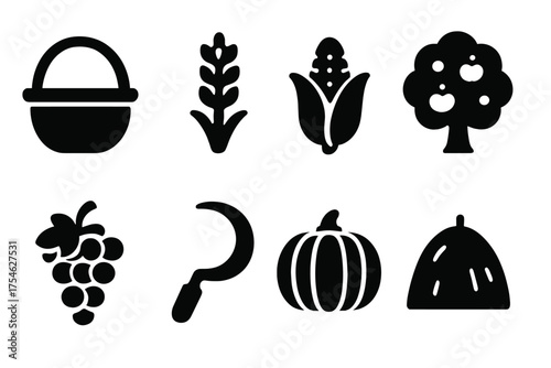 Harvest Icon Set. Harvest season. Filled icon set of Harvest season: basket, wheat bundle, corn, apple tree,