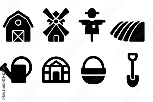 Local Farming Icons. Local farming. Filled icon set of Local farming: barn, windmill, scarecrow, plowed field,