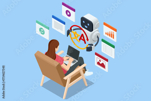 Isometric woman with laptop using AI translation assistant. Concept of artificial intelligence, multilingual communication, and online learning.