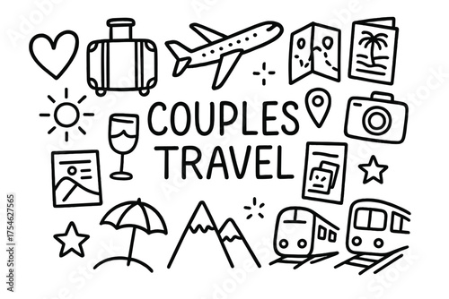 Couples Travel Doodles. Couples Travel. Hand-drawn doodle illustration of Couples Travel. heart, suitcase,