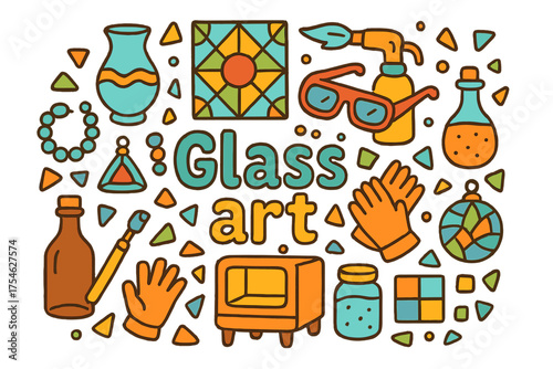 Vibrant Glass Art Collage. Glass art. Hand-drawn doodle illustration of Glass art. Glass vase, stained glass