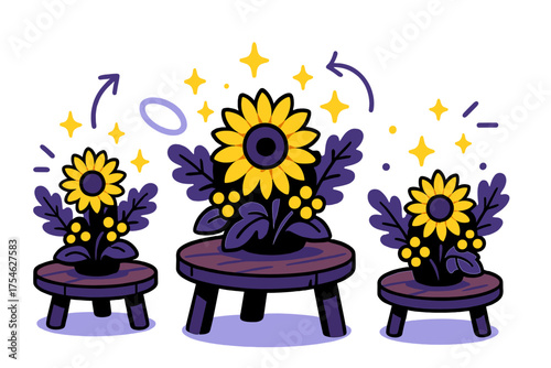 Vibrant Table Floral Arrangements. Table décor. Small glowing arrangements of sunflowers, oak leaves, and