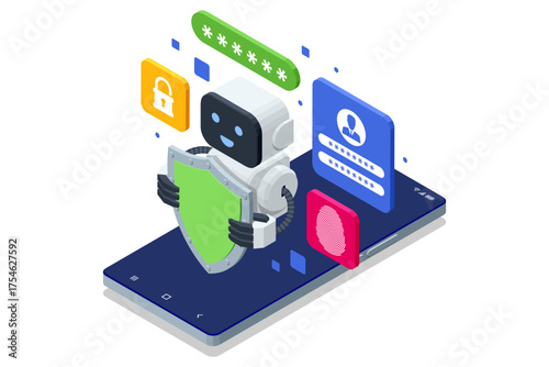 Isometric AI robot with shield protecting smartphone data. Concept of cybersecurity, password protection, and personal information safety.