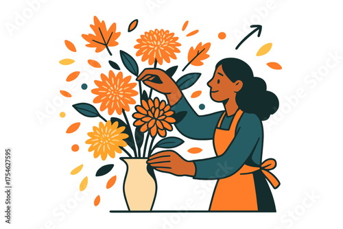 Autumn Floral Arrangement. Seasonal bouquet. A florist arranging glowing chrysanthemums, dahlias, and maple