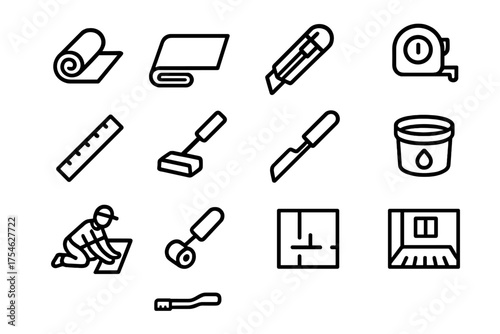 Carpet Installation Icons. Installing carpet in a room. Line outline icon set of Installing carpet in a room: