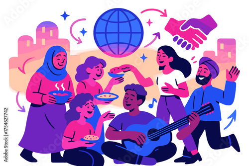 Vibrant Cultural Connections. Cultural mix. People from diverse backgrounds gathering in a glowing plaza,