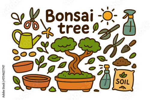 Bonsai Tree Doodle. Bonsai tree. Hand-drawn doodle illustration of Bonsai tree. Small potted tree, scissors,