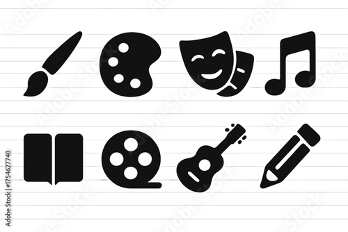 Arts Education Icons. Arts education. Filled icon set of Arts education: paintbrush, palette, theater mask,