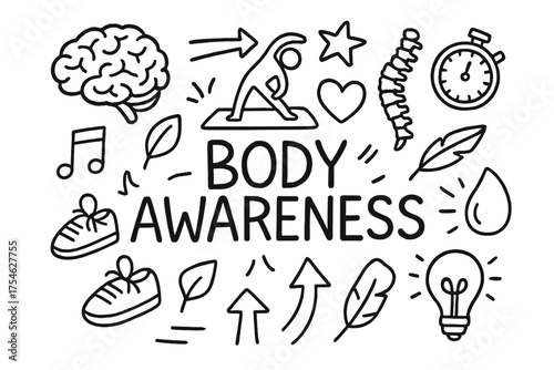 Body Awareness Doodle. Body Awareness. Hand-drawn doodle illustration of Body Awareness. brain, stretching