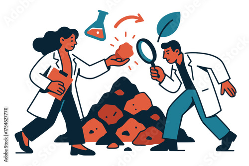 Eco-Friendly Innovation. Green innovation. Scientists in lab coats analyzing glowing samples of mining waste