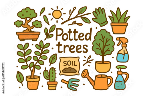 Potted Trees Doodle. Potted trees. Hand-drawn doodle illustration of Potted trees. Bonsai pot, ficus tree,