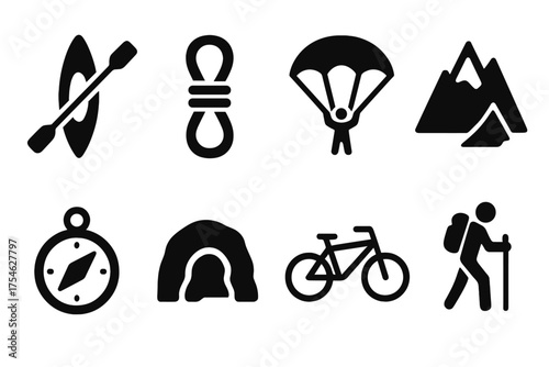 Adventure Icon Set. Adventure tourism. Filled icon set of Adventure tourism: kayak, climbing rope, parachute,